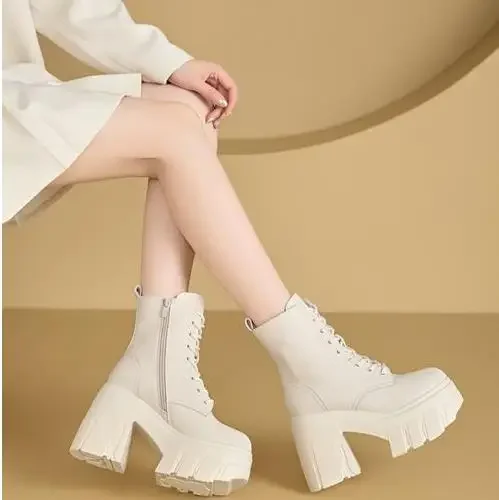 11cm New Microfiber Leather Women High Brand ZIP Increase Casual Ankle Boots Pumps Heels White Shoes Platform Wedge Shoes