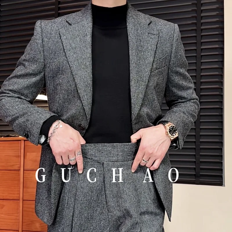 WVGA Spring Autumn New Man Wool Pattern Trendy Slim Fit Business High-End Blazer Niche Casual Straight Suit Pants Set Ins W21989