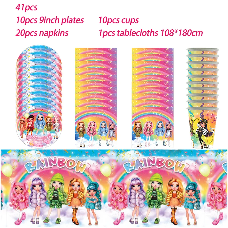 Rainbow High Doll Birthday Party Decoration Princess Girl Rainbow Doll Balloon Tableware Banner Party Supplise Kids Toys