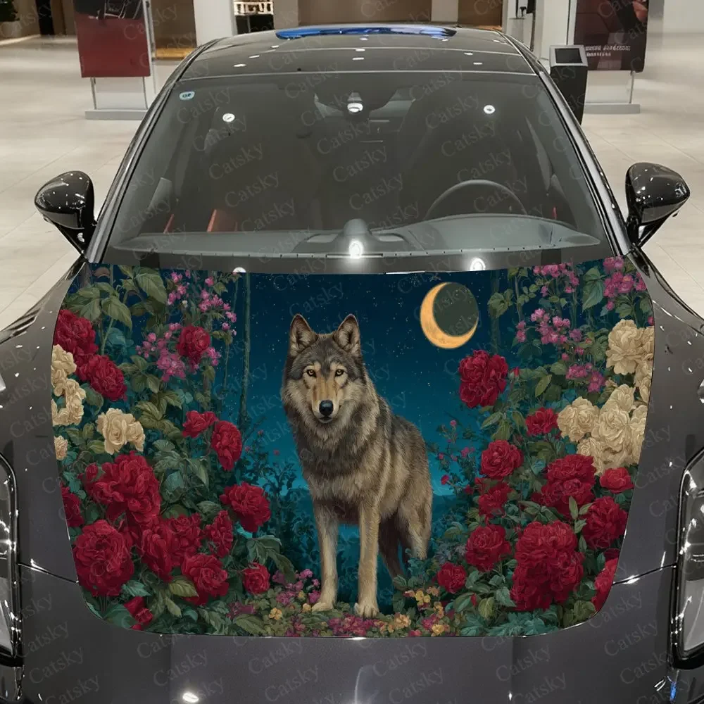 Grey Wolf Wrapped in Flower Cluster Car Vinyl Wrap, PVC Material Waterproof Car Hood Sticker, Self-Adhesive Scratch-Resistant St