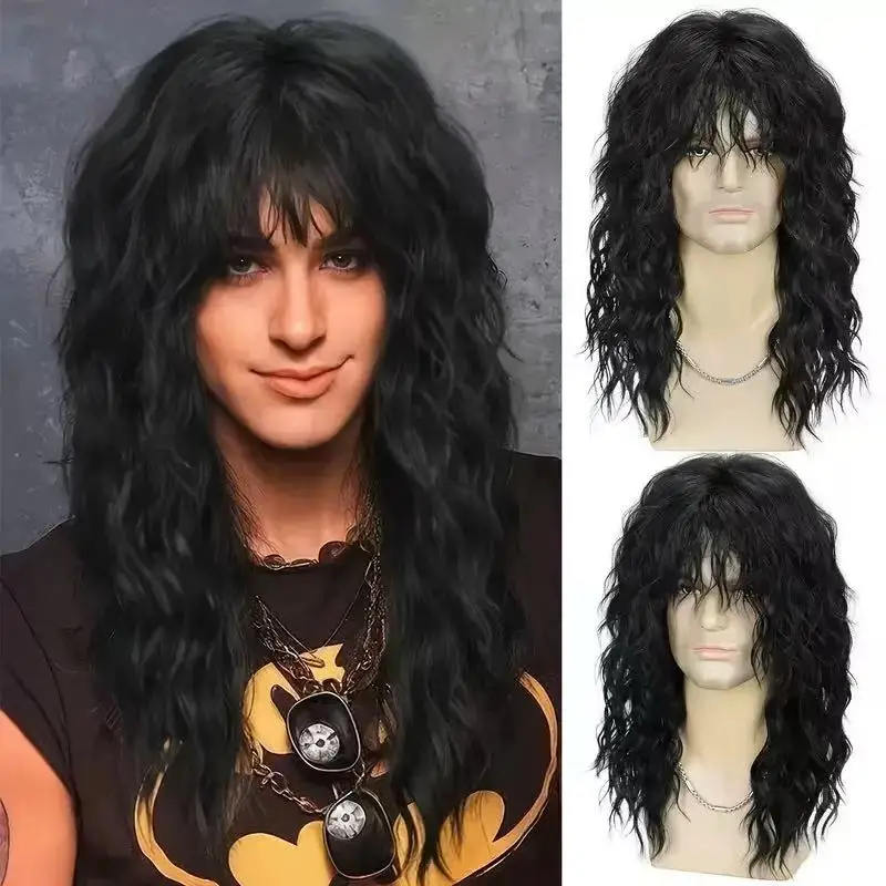 18 Inch Synthetic Rock Wig Men/Women Black White Bangs Long Wavy Curly Wig Party or Halloween Wig