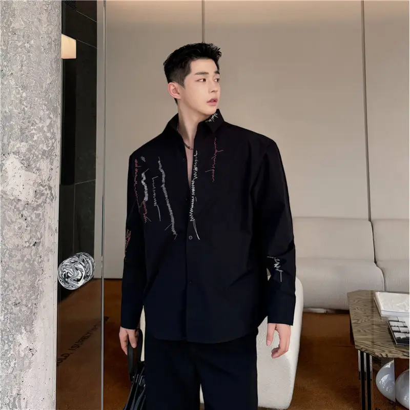 

Trendy Korean Version Irregular Embroidery Handsome Design Loose Long Sleeve Men's Shirt Street Style High End Feeling