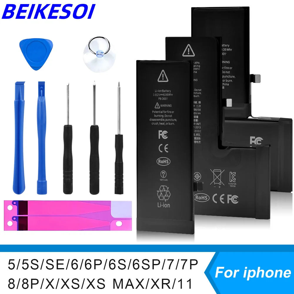 BEIKESO New Zero-cycle High-quality Battery For iPhone 5 6 6S 5S SE 7 8 Plus X Xs Max 11 Mobile Phone With Free Tools Sticker for iphone 15 pro max r just metal silicone tempered glass life waterproof phone case with holder