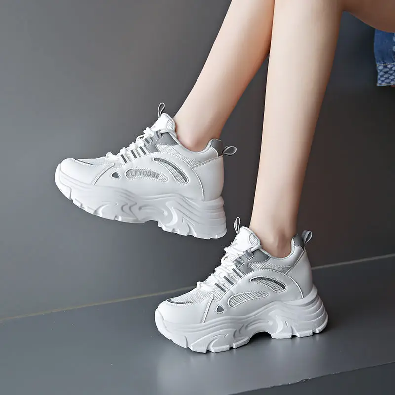 New Ins White High Heel Sneakers Women\'s Chunky Shoes Wedge Sneakers Girls Pink Platform Tenis Trainers Woman Thick Soled Shoes