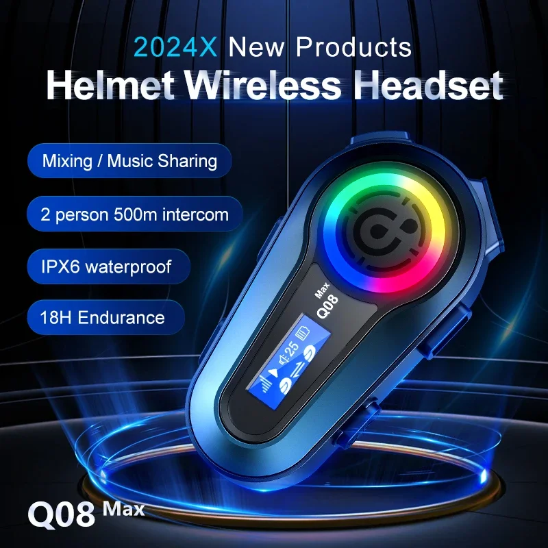 Q08 Max Motorcycle Helmet Bluetooth Headset Intercom Distance 500M Music Sharing Multi-scene Mixing Waterproof Voice Assistant