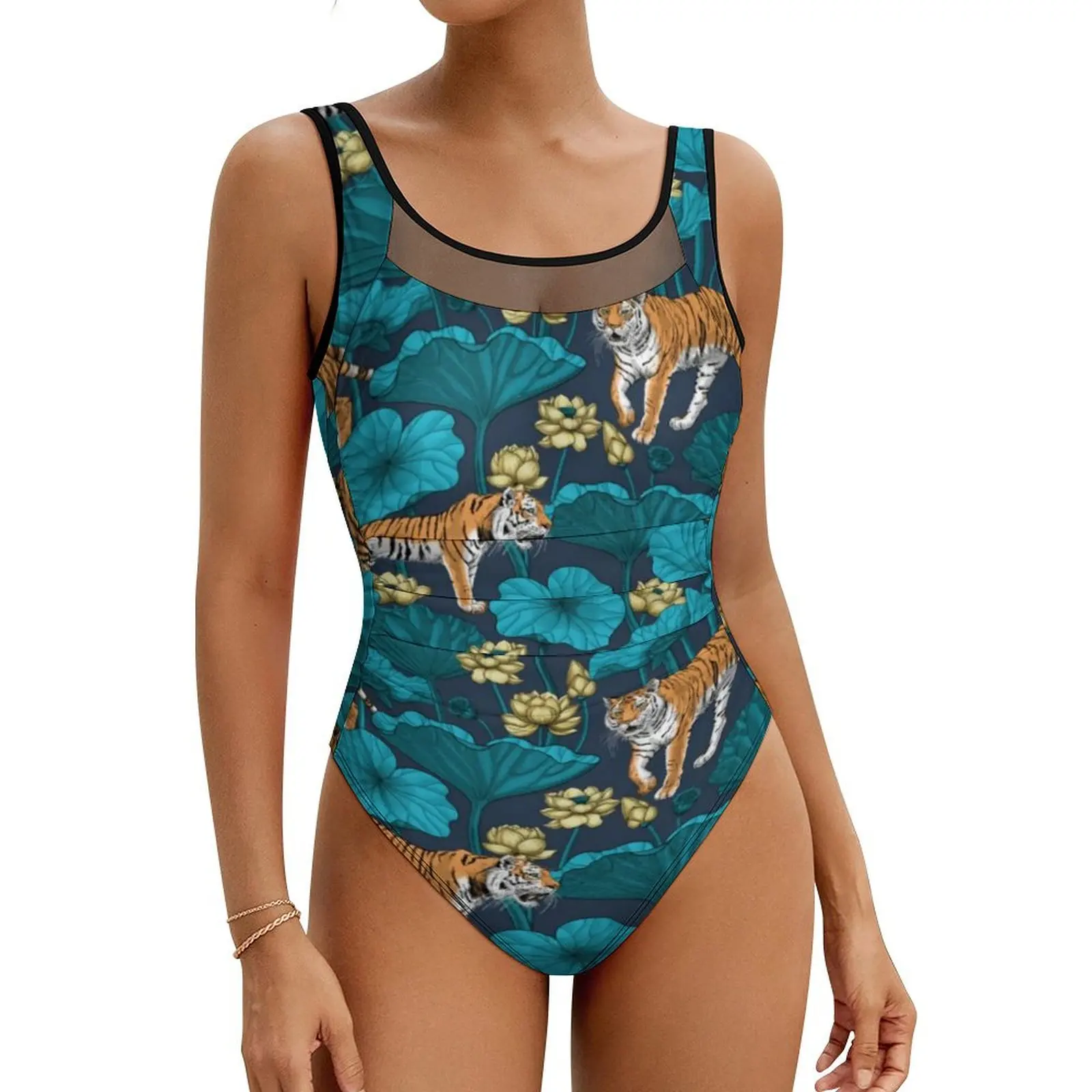 

Wild Tiger Swimsuit Yellow Lotus Pond Push Up Swimwear One Piece Holiday Rave Bathing Suit Bodysuit Sexy Graphic Beach Wear