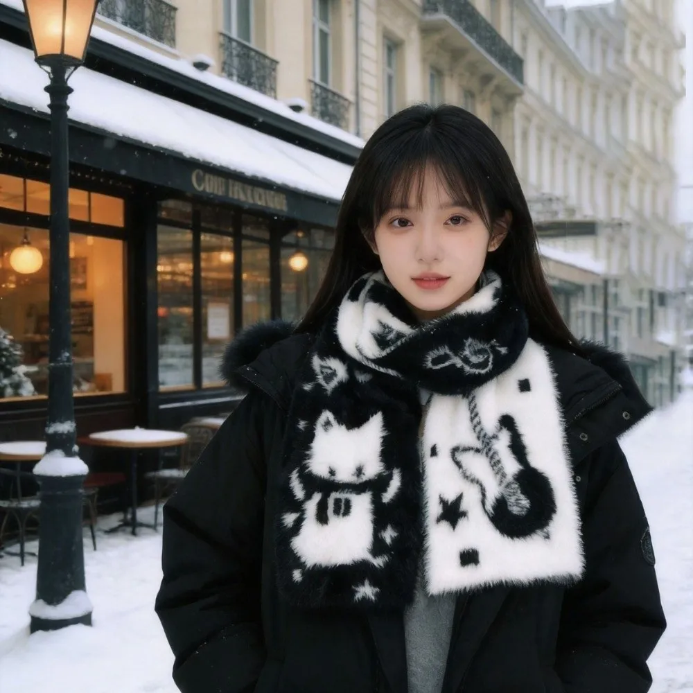 Cute Thick Guitar Cats Scarf Soft Imitation Mink Velvet Long Muffler Korean Style Skin Friendly Neck Wrap Evening Party