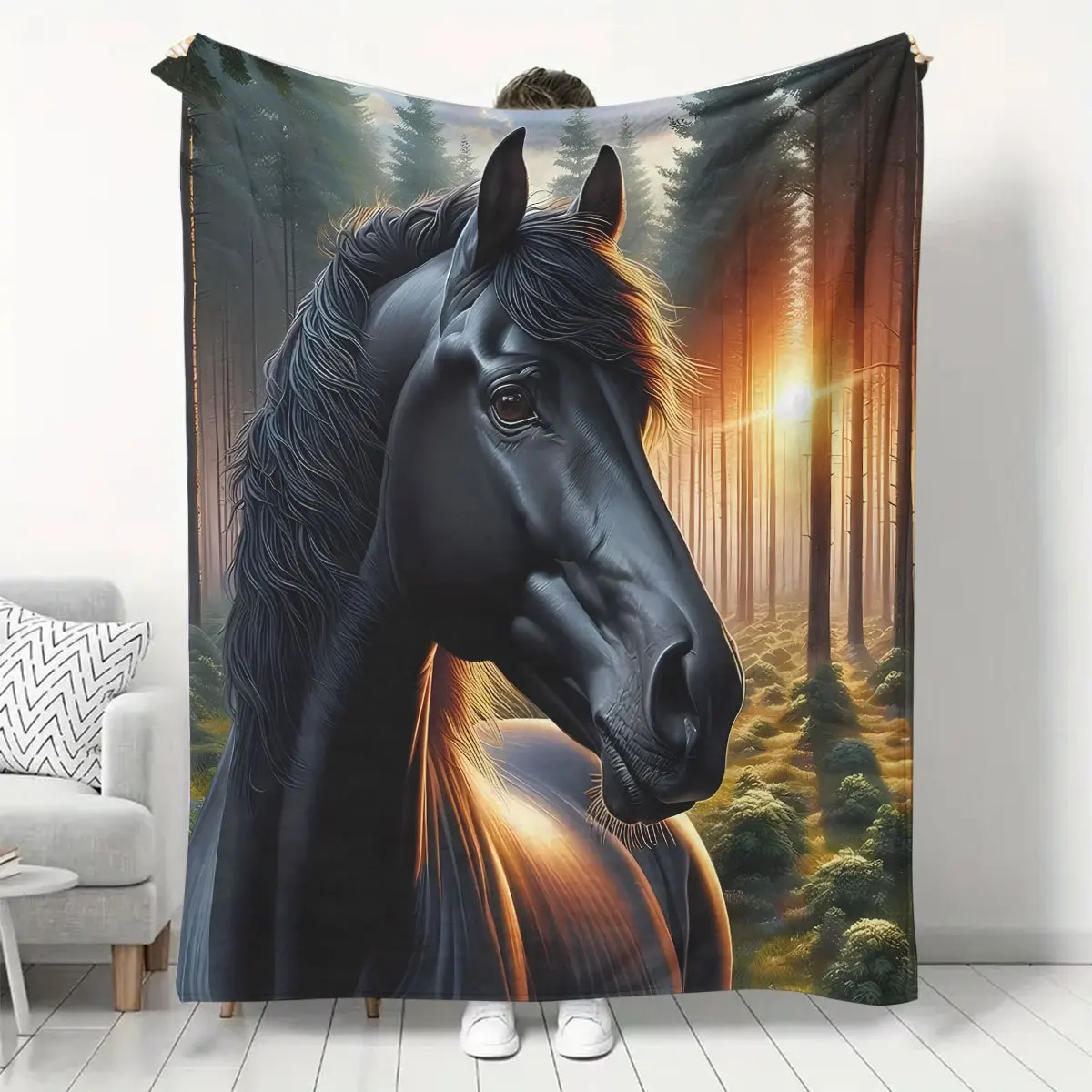 A Large Black Horse Pattern Printed Flannel Blanket, Soft Small Throw Blanket, Air-conditioning Blanket, Flannel Dormitory and O