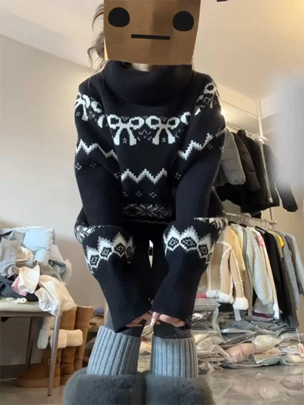

Женский комплект из свитера с высоким воротом и шорт в стиле Fair Isle, теплый, стильный, в корейском стиле, осенне-зимняя новинка