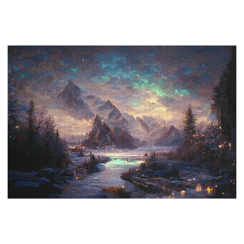 Magical Christmas Skyrim Aurora Clouds - Christmas village Landscape Painting Purple Misty Magic Jigsaw Puzzle Photo Puzzle