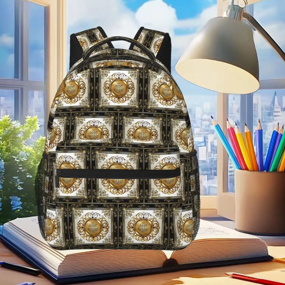 

Greek Key Cream Gold Medallion Black And Gold Backpack Student Boys Girls BookBag Children School Bag Laptop Shoulder Bags