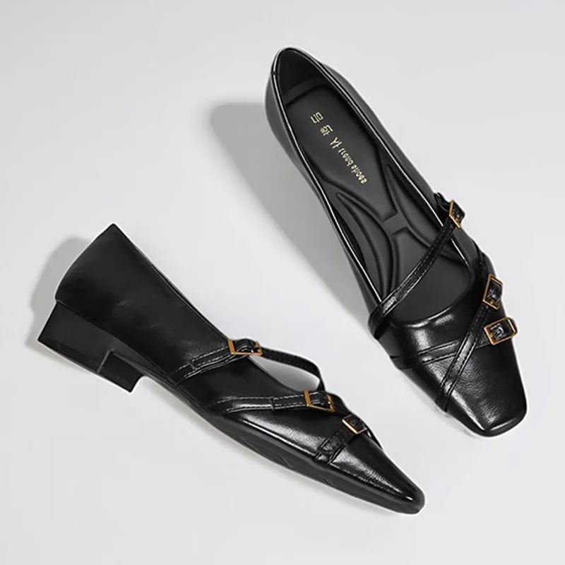 Gorasion 2025 Women's Double Buckle Strap Pumps Low Heel Square Toe and Heel Mary Janes Shoes Handmade Women Dress Shoes