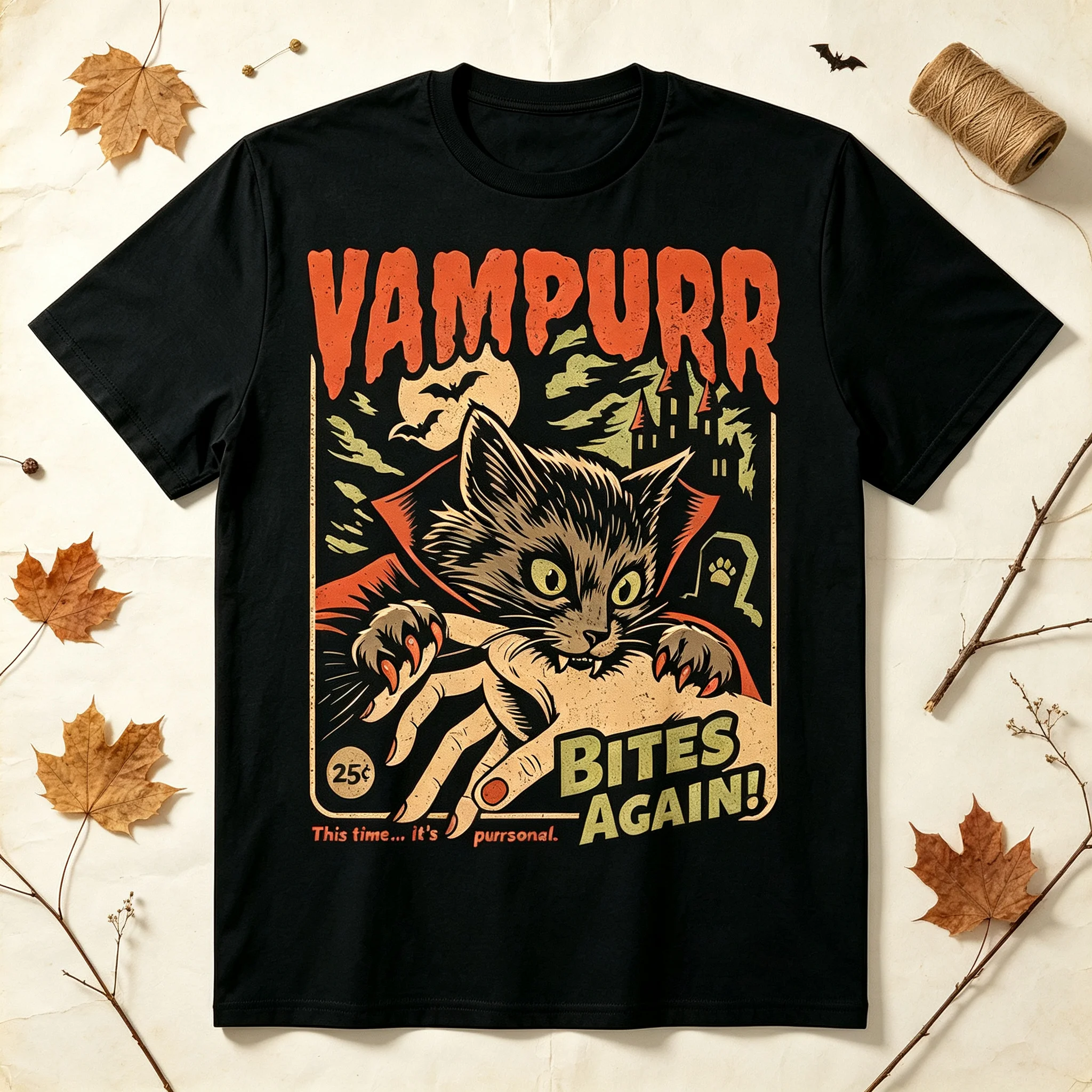 Vampurr Bites Again Halloween T-Shirt, Retro Vintage Vampirkatzen-Grafik-T-Shirt, Gruseliges Horror-Fledermaus-Schloss Sarkastisches Herbst-Herren-Shirt – Detail 2