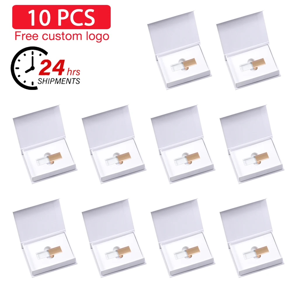 

10 шт. в партии, бесплатный индивидуальный флэш-накопитель с логотипом, 128 ГБ, кристаллический USB-накопитель, 64 ГБ с коробкой, 32 ГБ, свадебный подарок, USB-накопитель, 16 ГБ