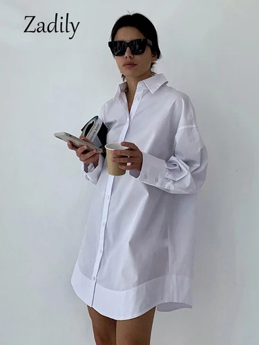 Imagen 1 del producto Zadily otoño 2025 camisa larga blanca minimalista para mujer blusa de trabajo con botones de retazos de manga larga de gran tamaño ropa femenina