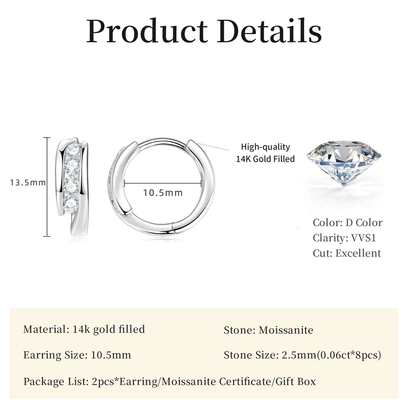 Lnngy zertifizierte 2,5 mm Moissanit-Ohrringe, 14 Karat Gold gefüllte Creolen für Damen, temperamentvoll, vielseitig, Damenschmuck, Geschenk – Detail 7