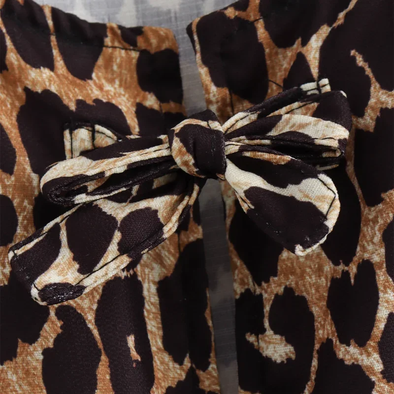 Women Leopard Print Shirt with Lace-Up O-Neck Half Sleeves 2024 Summer Bowknot Cut Out Cropped Blouse T-Shirt Vintage Top