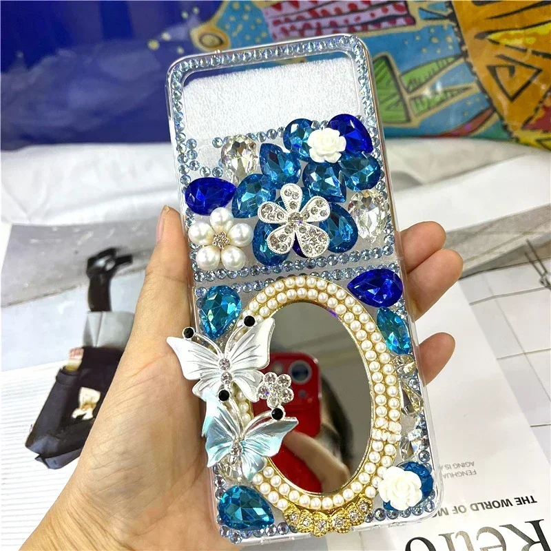 Luxury Butterfly Sparkle Gems Crystal Bling Make-up Mirror Cases for Samsung Galaxy Z Flip 1 2 3 4 Flip3 Flip4 5G Diamond Cover