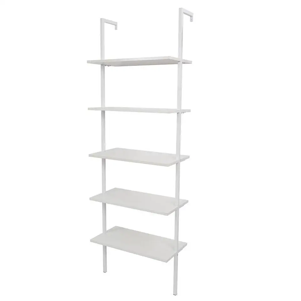 5-Tier Shelf Wood Ladder Bookcase with Metal Frame Bookshelf Storage Rack Sturdy