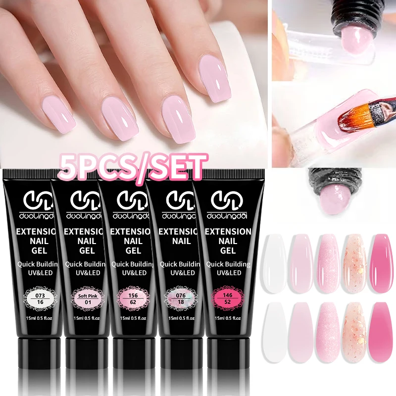 Poly Gel Nail Kit Starter: 5 Colors Natural Clear Poly Nail Gel Quick Dry Nourish Nails 28 Days Durable DIY Salon Home Gift for