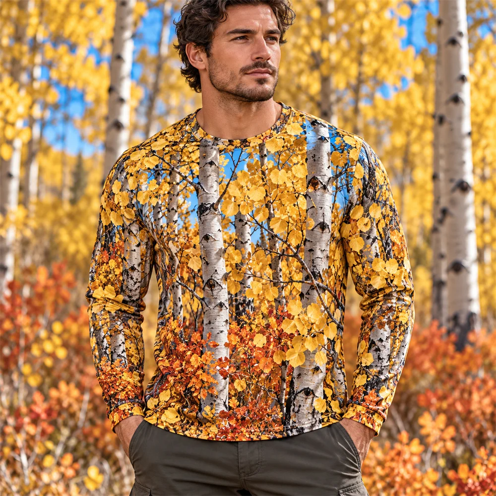 Woodland Camo Long Sleeve T Shirt for Men 3D Print Forest Leaf Branch Camouflage Crew Neck Top Outdoor Hunting Fishing Clothing