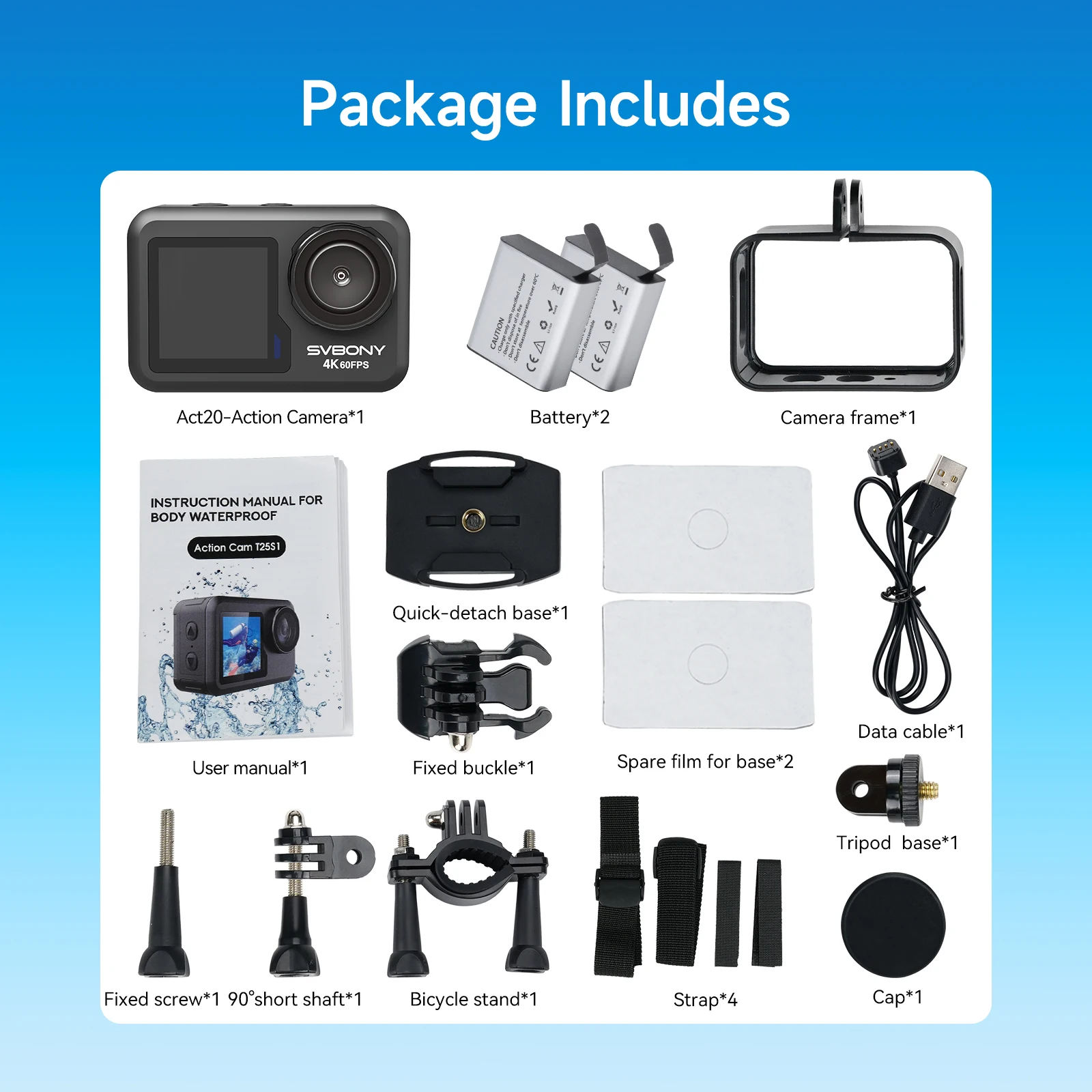 Svbony Act20 Upgraded HD Waterproof Action Camera IPX8 4K Dual Display 6-axis EIS Magnetic Interface Travel Vlog Diving Cycling