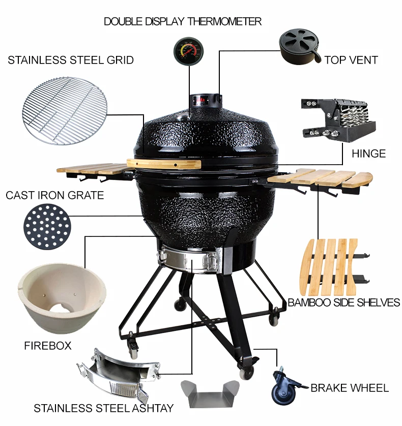 26-Inch Modern Ceramic Kamado Grill Outdoor Charcoal BBQ Remote Control Multi-Functional Smoker Patio Grill for