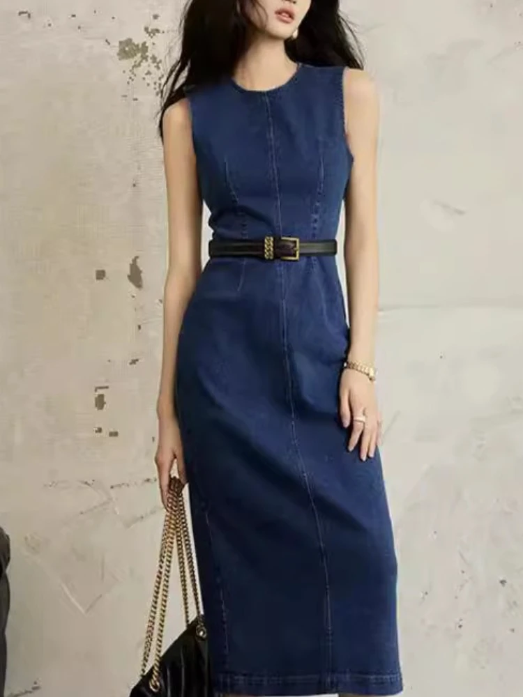 Robe mi-longue élégante, col rond, sans manches, cintrée à la taille, tendance, décontractée, vêtements de rue, nouvelle collection été 2025, pour femmes, coupe slim, en jean