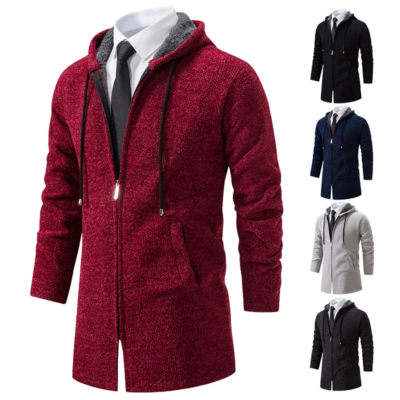 Autumn Winter Men's Fashion Overcoat Sweater Cardigan New Velvet Padded Casual Jacket Male Hoodies Korean Jumper Zip Trench Coat