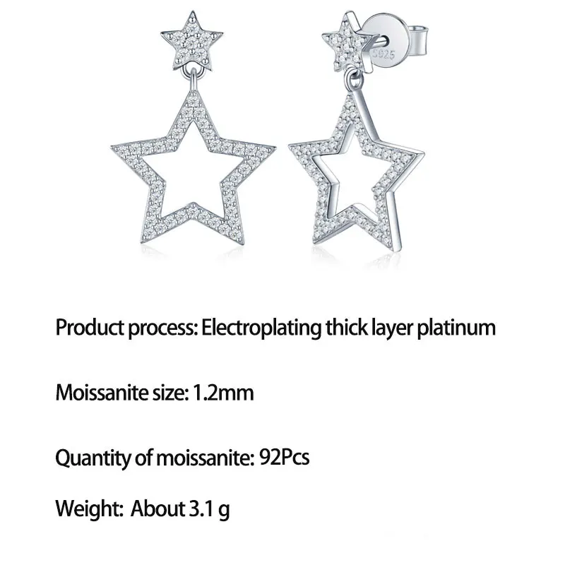 LinkerLove S925 Sterling Silver Star Dangle Earrings for Women Moissanite Drop Earrings Hypoallergenic Fine Jewelry Gift for Her