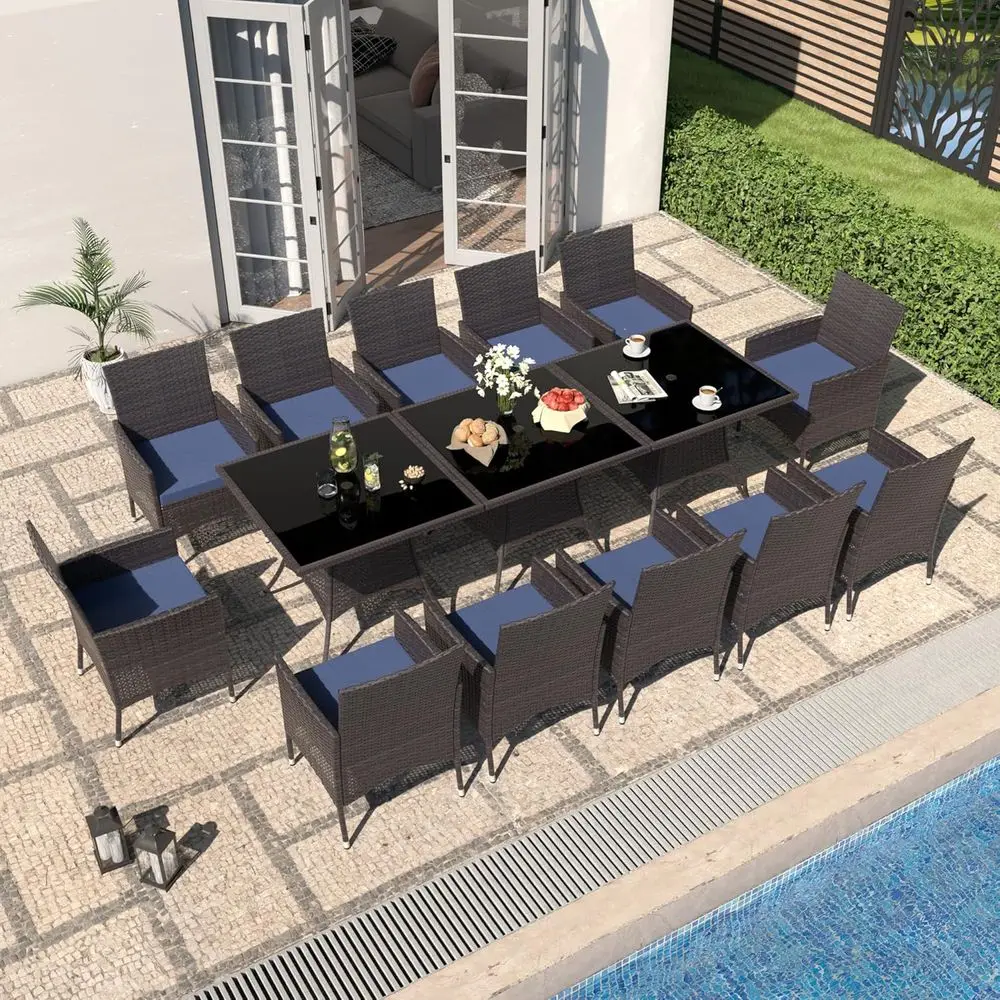 

15 Piece Outdoor Dining Set, All-Weather Rattan Patio urniture Set with Umbrella Hole Tempered Glass Square Table, Outdoor Table
