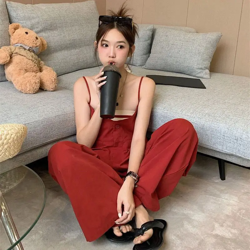 Summer Vintage Buttons Solid Color Camis Overalls Women Clothing Simplicity Pocket Loose Straight Femme Fashion Striped Bra Suit