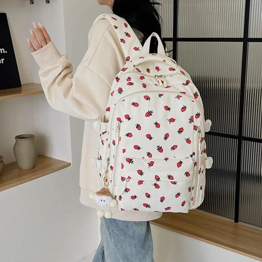 Mochila leve com vários compartimentos para estudantes, mochila de capacidade estudantil, cor doce, estampa de morango, escola do aluno