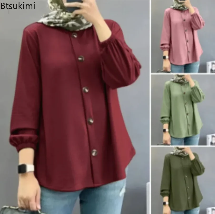

2025 Vintage Solid Shirt for Women Muslim Fashion O-neck Long Sleeve Buttons Tops Loose Casual Islamic Clothing Blusas De Mujer