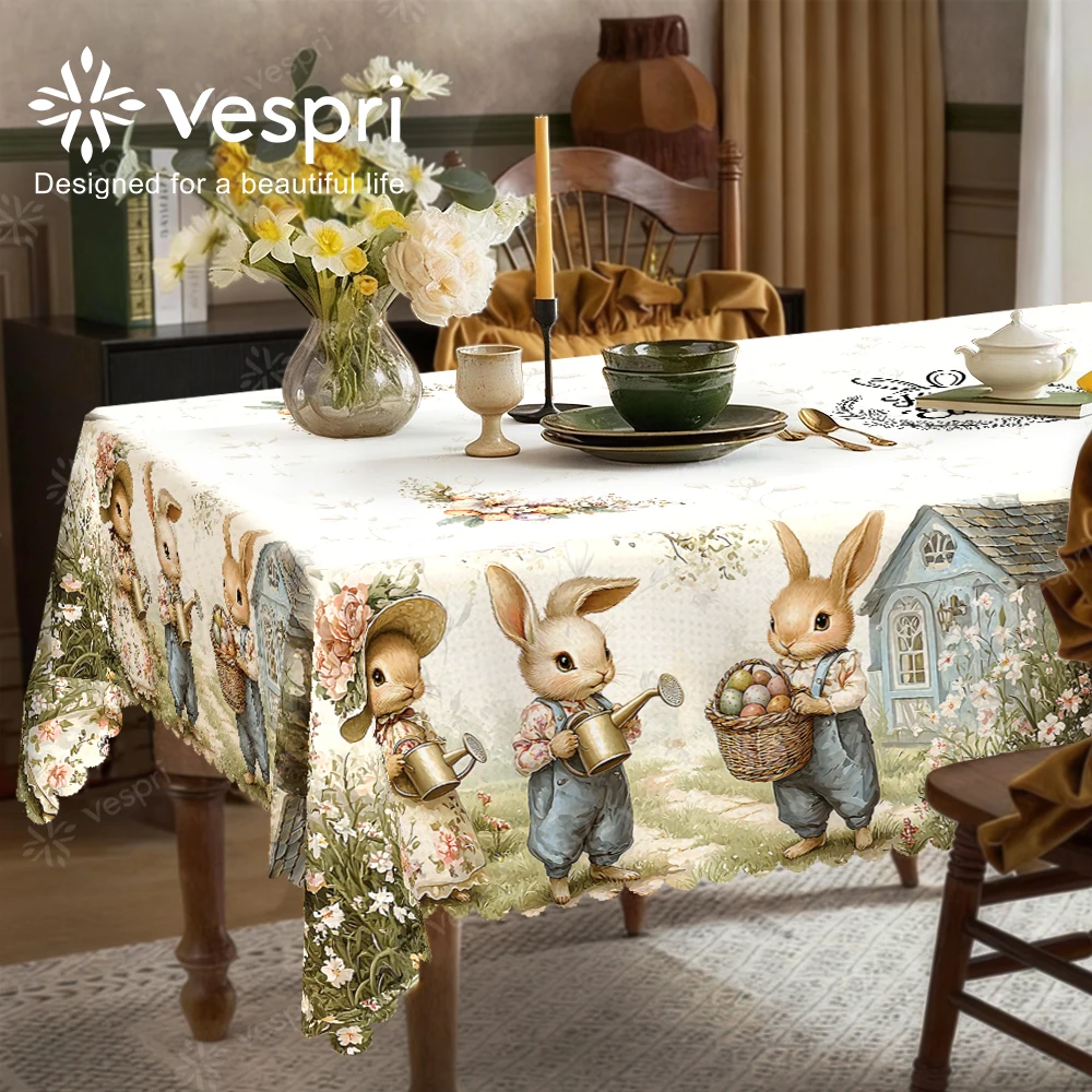 Oster-Retro-Tischdecken, niedliche Hasen- und Blumen-/Pflanzendesigns, runde/ovale/rechteckige Tischdecken für drinnen/draußen.