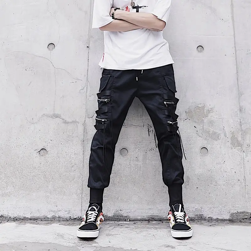 

Joggers Casual Pants Men Harajuku Ribbons Techwear Fashion Y2k Streetwear Women Men Cargo Pants Black Baggy Harem Trousers