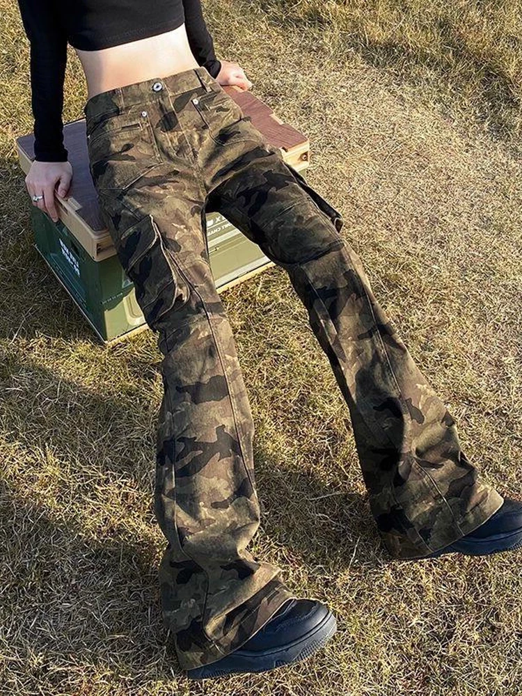 Retro American Camouflage Jeans Men's Women's Slim Fit Flared Pants High Street Sle Autumn Workwear Straight Leg Jeans