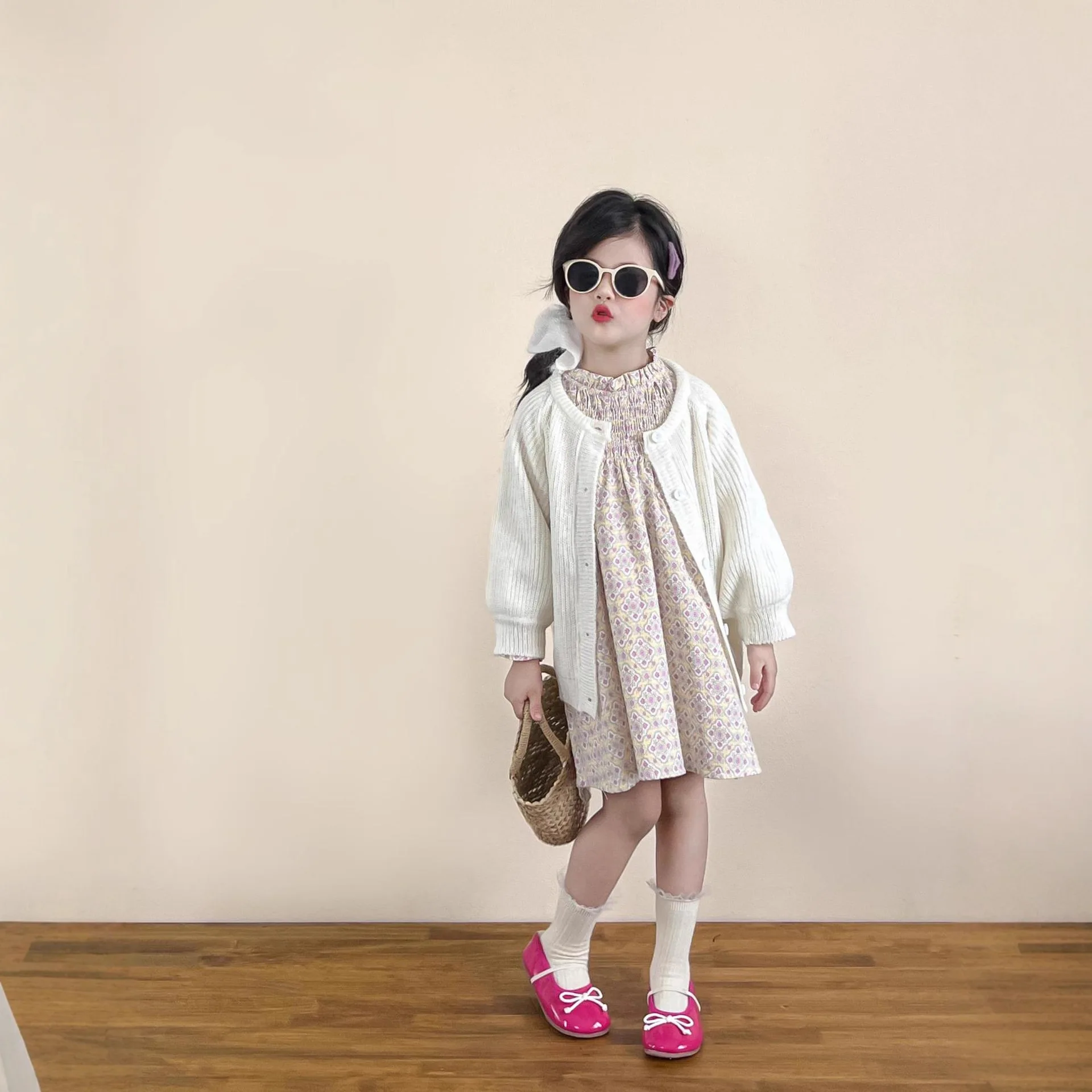 

Girls Floral Long Sleeve Dress with White Knit Cardigan Two-Piece Outfit Sweet Autumn Casual Sets Toddler Kids Fashion 2-8 Years