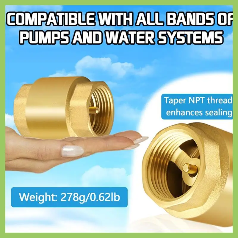 ABJT-2PCS NPT Female Thread Spring Check Valve, Solid Brass Non Return One Way Horizontal Check Valve For Well, Pump