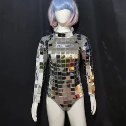 Silver Mirror Sequins Bodysuit Nightclub Bar Female Singer Stage Costume Long Sleeve Sexy Dancer Outfit Performance Dance Wear