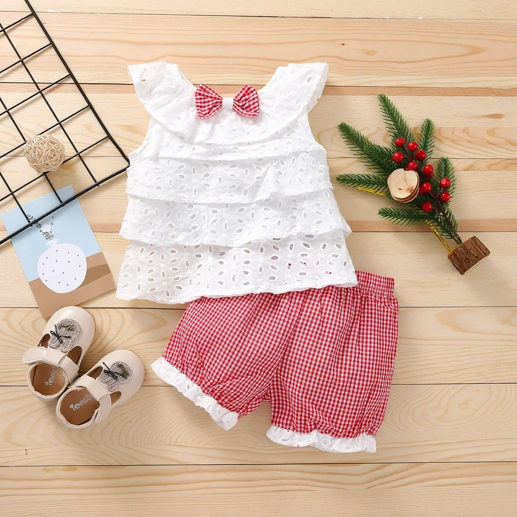 Summer 2/piece Set for Girls Top and Pants Baby Girl Lace Sleeveless Top Plaid Shorts Children\'s Clothing Set