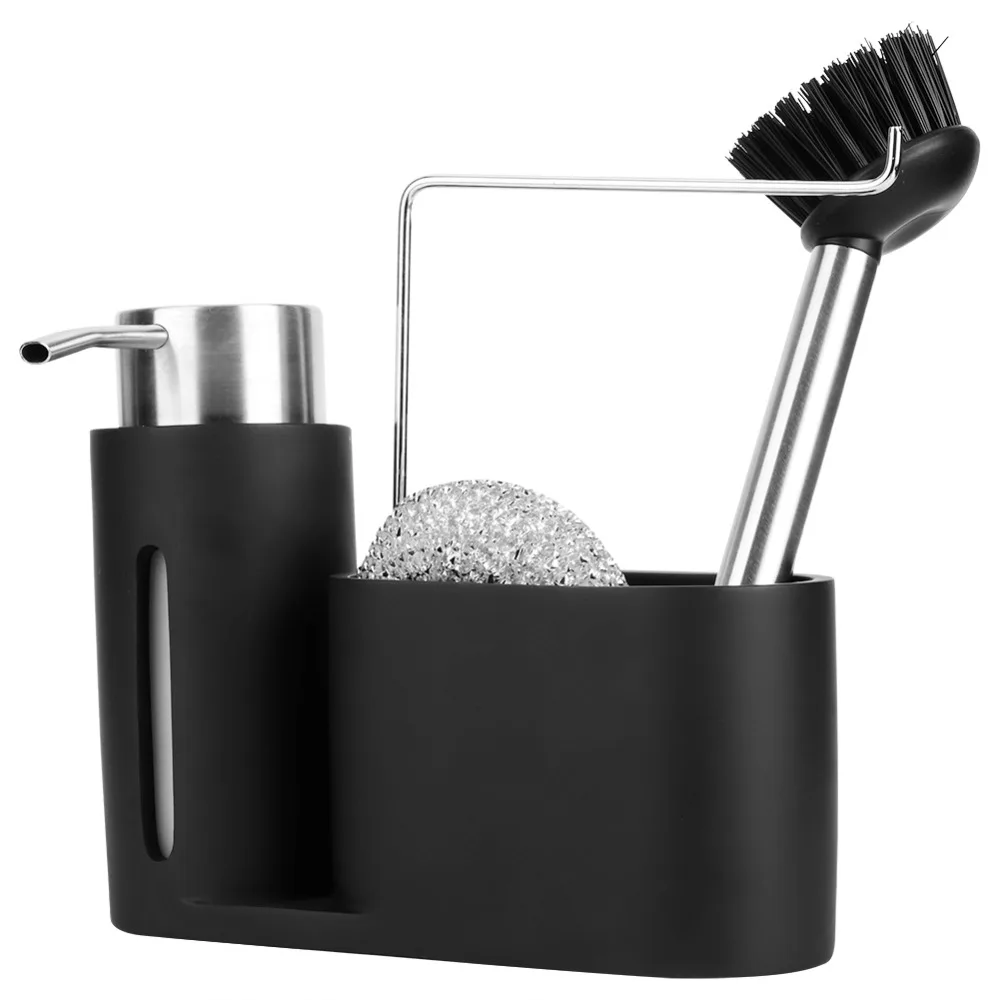 Resin + Stainless Steel 304 Soap Dispenser 250ml Easy To Press Sponge Holder Matte Black Dishwashing Accessories Dishwashing Use