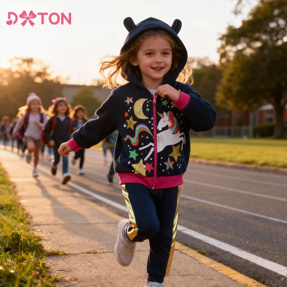 DXTON Winter Children Girls Clothing Sets Zipper Hoodied Jacket Coat and Long Trousers 2 PCS Suit Girls Sporty Casual Outerwear