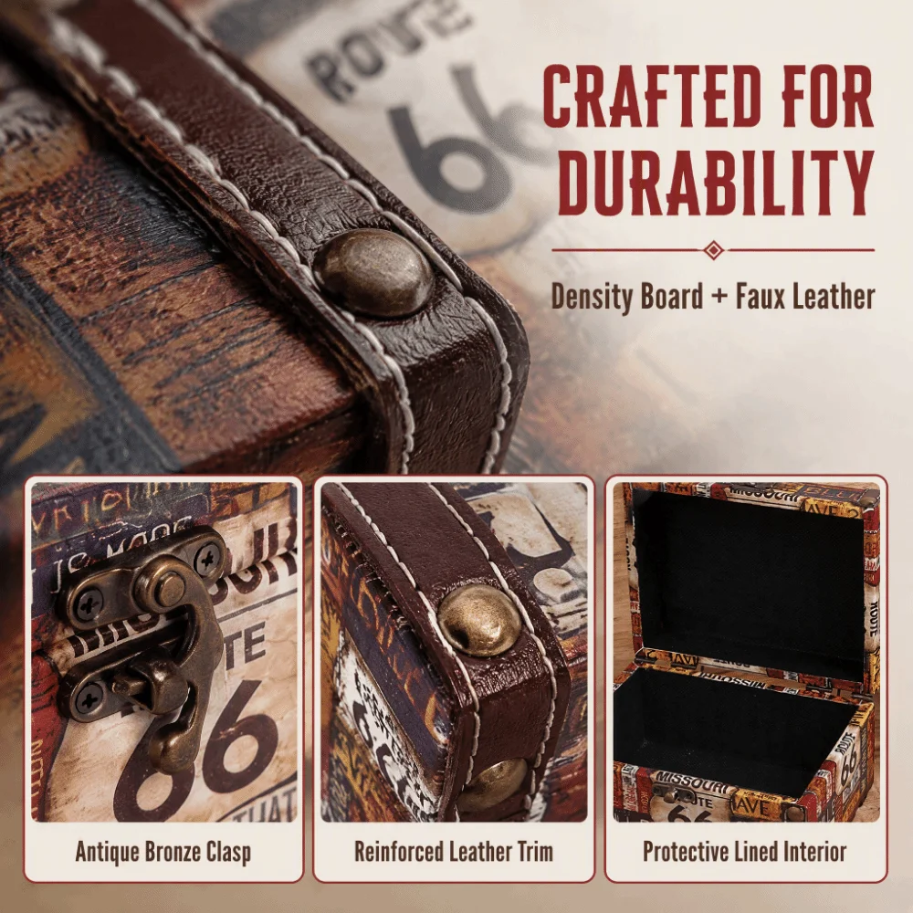 Decorative Wooden Storage Box Leather Rectangle Route 66 Storage Box Desktop Organizer Room Display