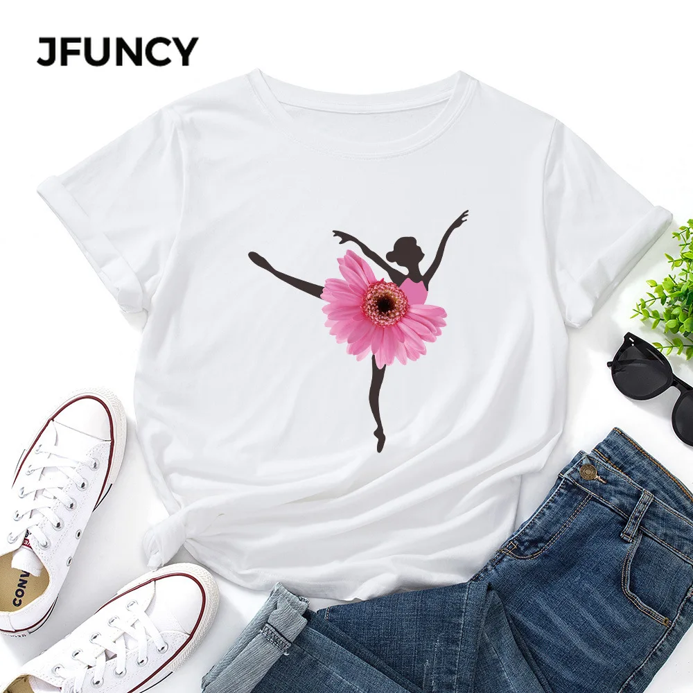 JFUNCY Women Summer T-shirt Creative Dancing Girl Print Tees Short Sleeve Woman Tshirt 100% Cotton Female Tops