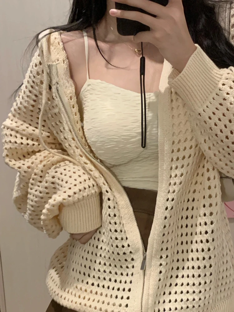 2024 Summer Y2k Aesthetic Women Cardigan Hollow Out Hooded Loose Knitted Harajuku Casual Grunge Long Sleeve Zipper Tops
