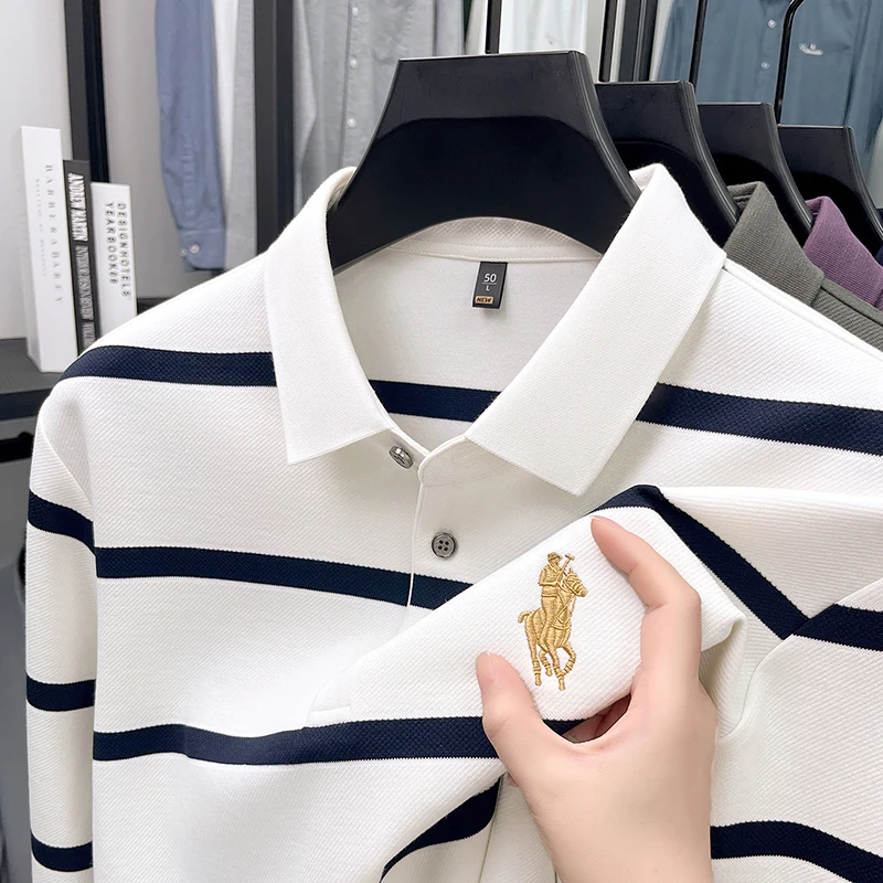 قماش مخطط شعار الحصان الشعبي المطرز للرجال بأكمام طويلة تي شيرت الخريف تنوعا الأعمال قاعدة طية صدر السترة قميص بولو #3