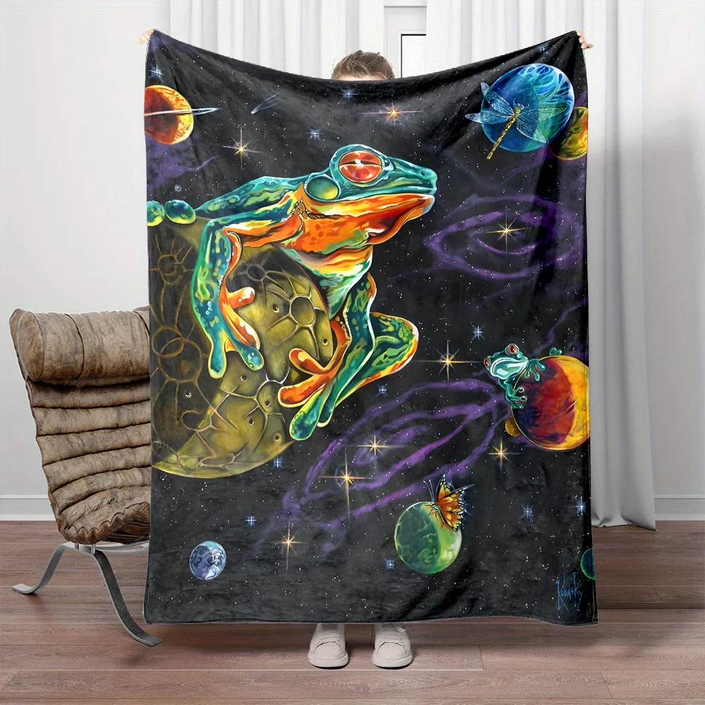 Cozy Dragonfly & Frog Print Flannel Throw Blanket - Soft, Reversible, All-Season Comfort for Couch, Bed, Office, and Travel