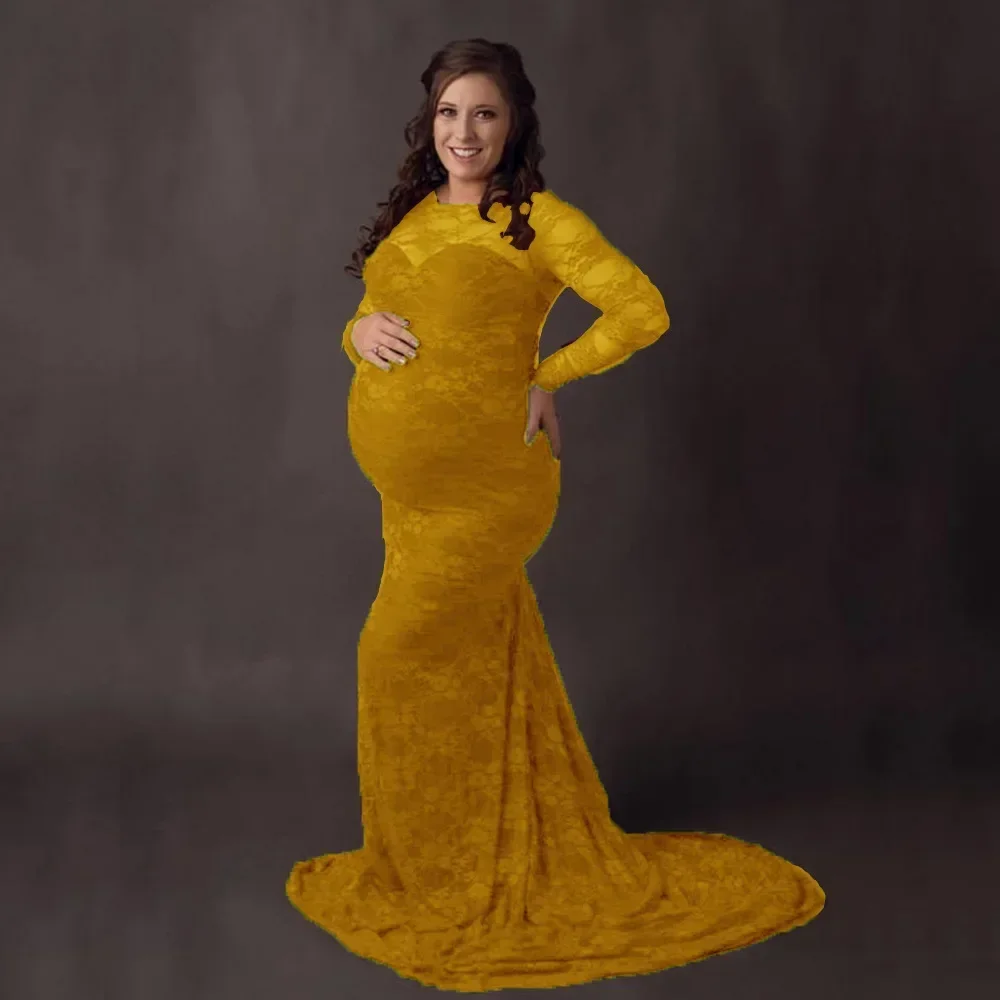 Lace Maternity Maxi Gowns Dresses for Photo Shoot Long Sleeve Chiffon Pregnant Women Baby Shower Pregnancy Dress Photography