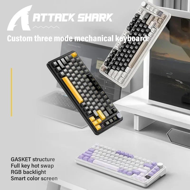 

Механическая клавиатура Attack Shark X85PRO с интеллектуальным цветным экраном, структура GASKET, полноклавишная горячая замена, подсветка RGB, ручка из сплава, Win/Mac